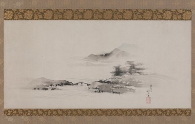 Krajobraz, epoka Edo, ok. 1801-02 (tusz i kolor na papierze zamontowane jako wiszący zwój) autorstwa Katsushika Hokusai