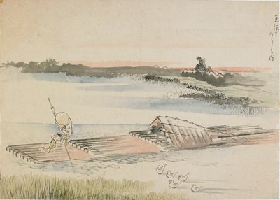 Krajobraz: wioślarz pokonujący swoją tratwę, koniec XVIII-początek XIX wieku. autorstwa Katsushika Hokusai