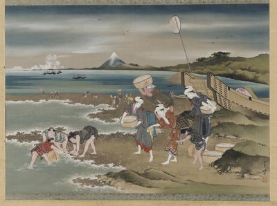 Pejzaż: zbieracze małży na brzegu (tusz i kolor na jedwabiu) autorstwa Katsushika Hokusai