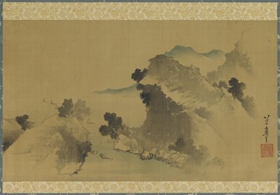 Krajobraz: góry, strumień i łodzie, okres Edo (tusz i kolor na jedwabnym panelu) autorstwa Katsushika Hokusai
