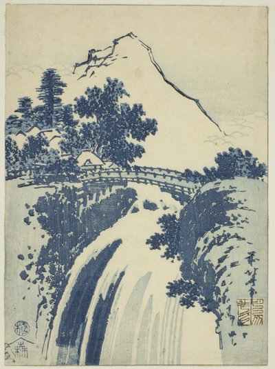 Pejzaż z wodospadem, z serii grafik chuban bez tytułu autorstwa Katsushika Hokusai