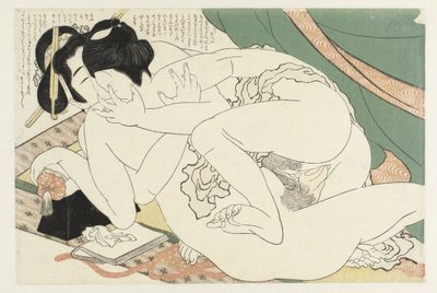 Zakochana para w moskitierze Roślina Adonis (tytuł serii) Fukujuso (tytuł serii) autorstwa Katsushika Hokusai