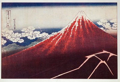 Błyskawica na górze Fujiyama... (kolorowy drzeworyt) autorstwa Katsushika Hokusai