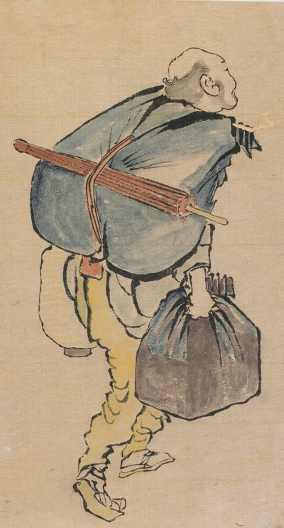 Mężczyzna niosący plecak i latarnię, koniec XVIII-początek XIX wieku. autorstwa Katsushika Hokusai