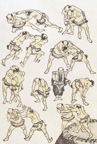 Manga: studia nad gestami i postawami zapaśników, wyd. 1849, (kolorowa odbitka drzeworytnicza) autorstwa Katsushika Hokusai