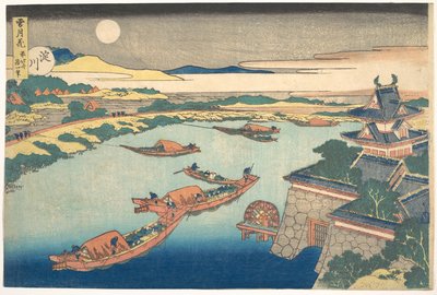„Blask księżyca nad rzeką Yodo (Yodogawa)”, z cyklu „Śnieg, księżyc i kwiaty” (Setsugekka) autorstwa Katsushika Hokusai