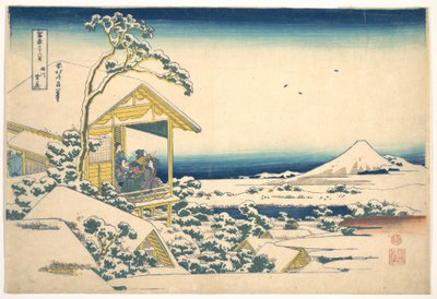 Poranek po śniegu w Koishikawa w Edo (Koishikawa yuki no ashita), z cyklu „Trzydzieści sześć widoków góry Fuji” (Fugaku sanjūrokkei) autorstwa Katsushika Hokusai