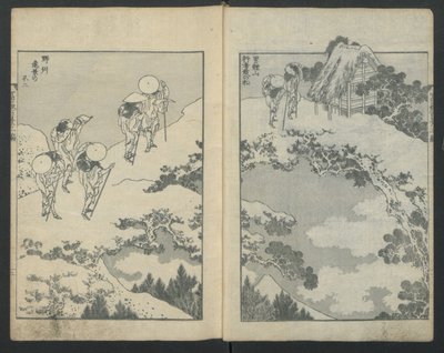 Góra Fuji pod mostem po lewej, Góra Fuji za siatką po prawej, od Sto Vi..., ca. 1847. autorstwa Katsushika Hokusai