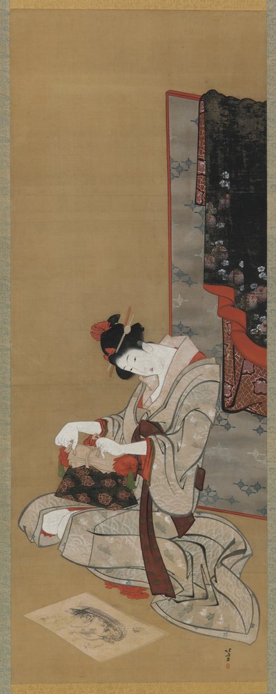 Noworoczny Custom: Makijaż w poranek noworoczny, okres Edo, ok. 1806-11 (tusz i kolor na jedwabiu) autorstwa Katsushika Hokusai