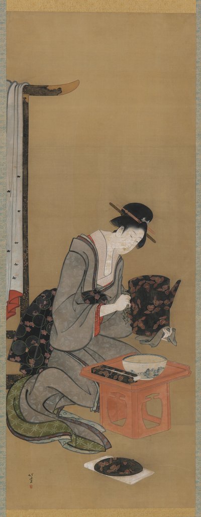 Noworoczny Custom: Życzenie noworocznego pomyślnego snu, okres Edo, ok. 1806-11 (tusz i kolor na jedwabiu) autorstwa Katsushika Hokusai