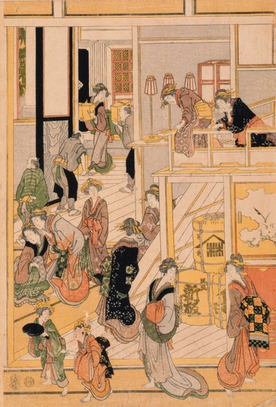 Nowy Rok w Herbaciarni Ogi-ya. ok. 1810 (kolorowy drzeworyt) (zestaw patrz 277796-277798) autorstwa Katsushika Hokusai