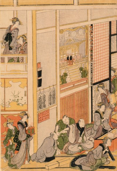 Nowy Rok w Herbaciarni Ogi-ya. ok. 1810 (kolorowy drzeworyt) (zestaw patrz 277765 i 277797-277798) autorstwa Katsushika Hokusai