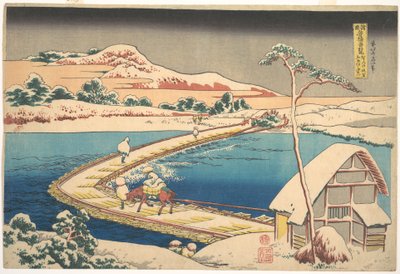 Stary widok mostu łodziowego w Sano w prowincji Kōzuke (Kōzuke Sano funabashi no kozu), z serii „Niezwykłe widoki mostów w różnych prowincjach” (Shokoku meikyō kiran) autorstwa Katsushika Hokusai