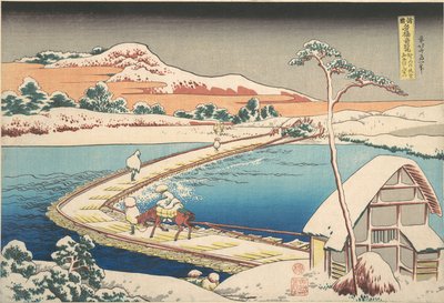 Stary widok mostu łodziowego w Sano w prowincji Kōzuke (Kōzuke Sano funabashi no kozu), z serii „Niezwykłe widoki mostów w różnych prowincjach” (Shokoku meikyō kiran) autorstwa Katsushika Hokusai