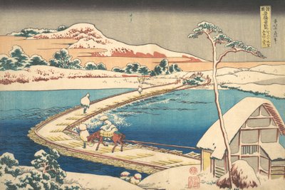 Stary widok mostu łodziowego w Sano w prowincji Kozuke Kozuke Sano funabashi no kozu,..., 1827-30. autorstwa Katsushika Hokusai