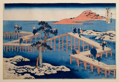 Stary widok ośmioczęściowego mostu w Yatsuhashi w prowincji Mikawa, z serii „Niezwykłe widoki mostów w różnych prowincjach” autorstwa Katsushika Hokusai