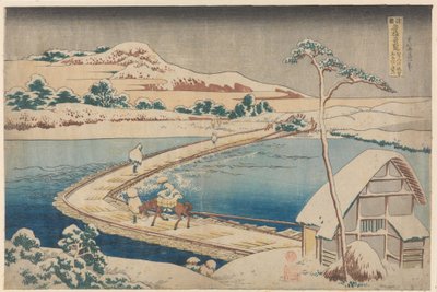 Stary widok mostu pontonowego w Sano w prowincji Kôzuke autorstwa Katsushika Hokusai