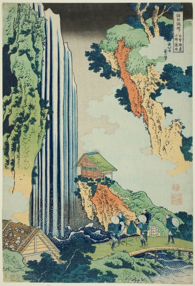 Wodospad Ono na drodze Kisokaidō (Kisokaidō Ono no bakufu), z cyklu Wycieczka po wodospadach w różnych prowincjach (Shokoku taki meguri) autorstwa Katsushika Hokusai