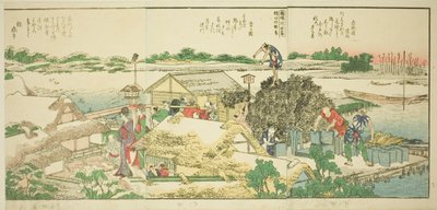 Strony z ilustrowanej książki „Panoramiczne widoki wzdłuż brzegów rzeki Sumida (Ehon Sumidagawa ryogan ichiran)” autorstwa Katsushika Hokusai
