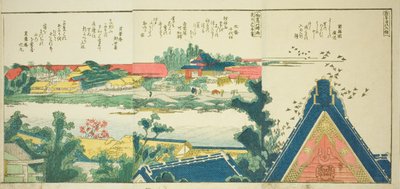 Strony z ilustrowanej książki „Panoramiczne widoki wzdłuż brzegów rzeki Sumida (Ehon Sumidagawa ryogan ichiran)” autorstwa Katsushika Hokusai