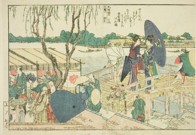 Strony z ilustrowanej książki „Panoramiczne widoki wzdłuż brzegów rzeki Sumida (Ehon Sumidagawa ryogan ichiran)” autorstwa Katsushika Hokusai