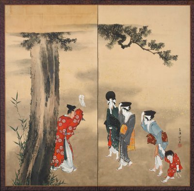 Papierowy podwójny ekran: Kapłan Shinto, Trzy kobiety i dziecko pod sosną, okres Edo, ok. 1799-1801 (atrament, złoto i kolor na papierze) autorstwa Katsushika Hokusai