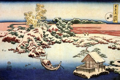""Śnieżny krajobraz nad rzeką Sumida, Japonia"" Grafika Katsushika Hokusai (1760-1849) (szkoła ukiyo-e) 1832 Państwowe Muzeum Sztuk Pięknych im. Puszkina, Moskwa autorstwa Katsushika Hokusai