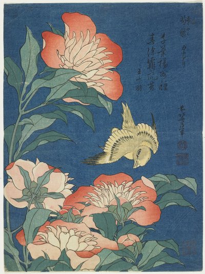 Piwonie i kanarek, ok. 1833 r. autorstwa Katsushika Hokusai