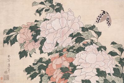 Różowe i czerwone piwonie zdmuchnięte w lewo na wietrze i motylu autorstwa Katsushika Hokusai