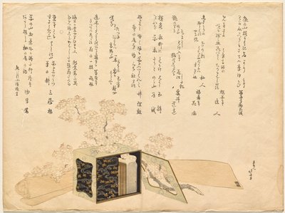 Przenośna lakierowana torba piknikowa i kwiaty wiśni autorstwa Katsushika Hokusai