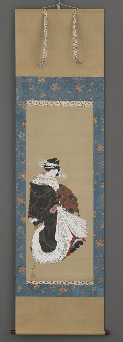 Portret spacerującej kurtyzany, ok. 1815-19 (atrament, kolor i złoto na jedwabiu) autorstwa Katsushika Hokusai