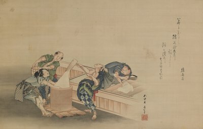 Pounding Rice for Mochi, inskrypcja Momomoto Hinamaro, okres Edo, ok. 1822 (atrament i kolor na jedwabiu zamontowany jako wiszący zwój) autorstwa Katsushika Hokusai