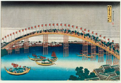 Procesja przez most (kolorowy drzeworyt) autorstwa Katsushika Hokusai