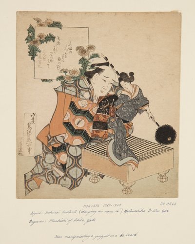 Puppeteer Holding Puppet on Go Board (kolorowy drzeworyt) autorstwa Katsushika Hokusai