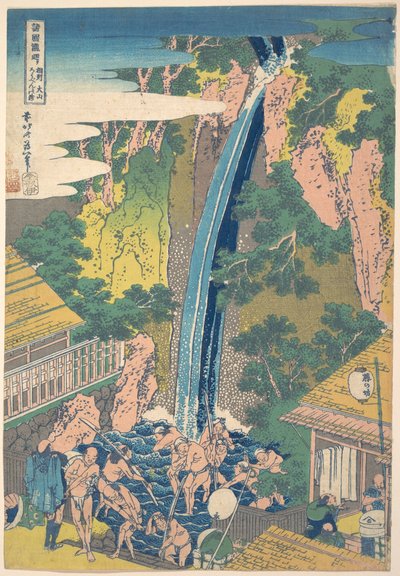Wodospad Rōben w Ōyama w prowincji Sagami (Sōshū Ōyama Rōben no taki), z serii „Podróż po wodospadach różnych prowincji” (Shokoku taki meguri) autorstwa Katsushika Hokusai