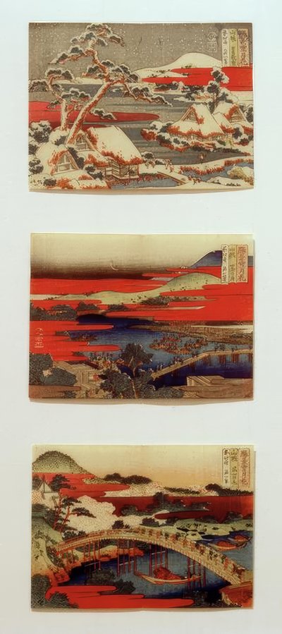 Śnieg, księżyc i kwiaty w pięknych krajobrazach autorstwa Katsushika Hokusai