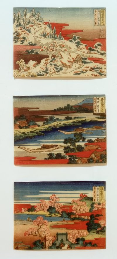 Śnieg, księżyc i kwiaty w pięknych krajobrazach autorstwa Katsushika Hokusai