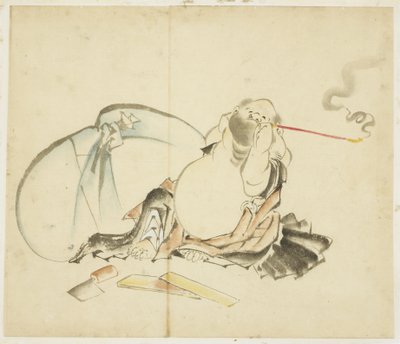 Siedzący Hotei palący fajkę, ca. 1815-1849 (tusz i kolor na papierze) autorstwa Katsushika Hokusai
