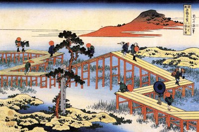 Seria niezwykłych widoków mostów z różnych prowincji: most Yatsuhashi w prowincji Mikawa, Japonia - Rycina Katsushika Hokusai (1760-1849) (szkoła ukiyo-e) 1835 Państwowy Ermitaż Sankt Petersburg Rosja autorstwa Katsushika Hokusai