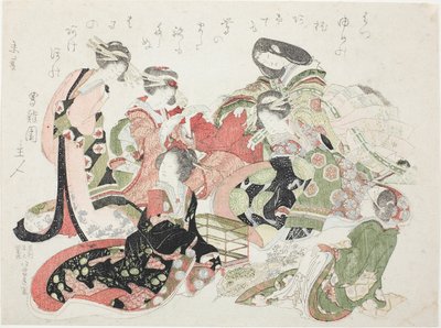 Sześć kobiet siedzących wokół klatki dla ptaków autorstwa Katsushika Hokusai