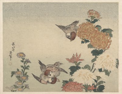 Wróble i chryzantemy autorstwa Katsushika Hokusai