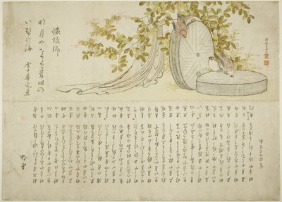 Wróble na kamieniach młyńskich z krzewami Hagi autorstwa Katsushika Hokusai