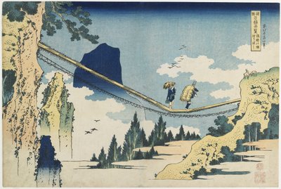 „Most wiszący między prowincjami Hida i Etchu_” autorstwa Katsushika Hokusai