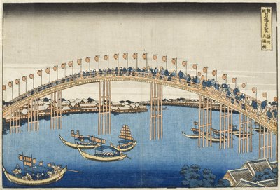 Most Temma, prowincja Settsu z serii Wspaniałe widoki słynnych mostów różnych prowincji, ok. 1835 (kolorowy druk drzeworytu) autorstwa Katsushika Hokusai
