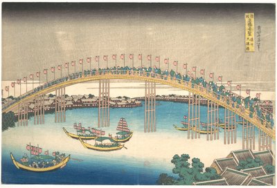 Most Tenman w prowincji Settsu (Sesshū Tenmanbashi), z serii „Niezwykłe widoki mostów w różnych prowincjach” (Shokoku meikyō kiran) autorstwa Katsushika Hokusai