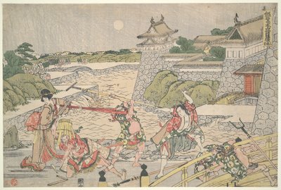 Lojalna Liga Czterdziestu Siedmiu R?in (Chushingura), Akt III: Kampei zaatakowana przez Bannai i jego ludzi autorstwa Katsushika Hokusai