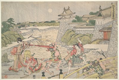 Lojalna Liga Czterdziestu Siedmiu Roninów (Chūshingura), Akt III: Kampei zostaje zaatakowany przez Bannai i jego ludzi autorstwa Katsushika Hokusai