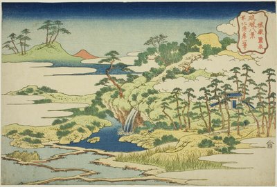 Święte źródło na górze fortecy (Jogaku reisen), z serii „Osiem widoków wysp Riukyu (Ryukyu hakkei)” autorstwa Katsushika Hokusai