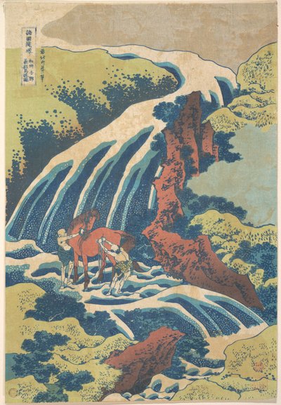 Wodospad, przy którym Yoshitsune umył swojego konia w Yoshino w prowincji Yamato (Washū Yoshino Yoshitsune uma arai no taki), z serii „Podróż po wodospadach różnych prowincji” (Shokoku taki meguri) autorstwa Katsushika Hokusai