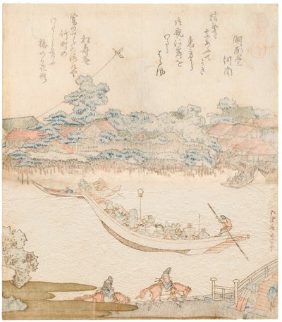 Brzegi rzeki Sumida, Komatomeishi. Tryptyk z cyklu Umazukushi, część środkowa, 1822 autorstwa Katsushika Hokusai